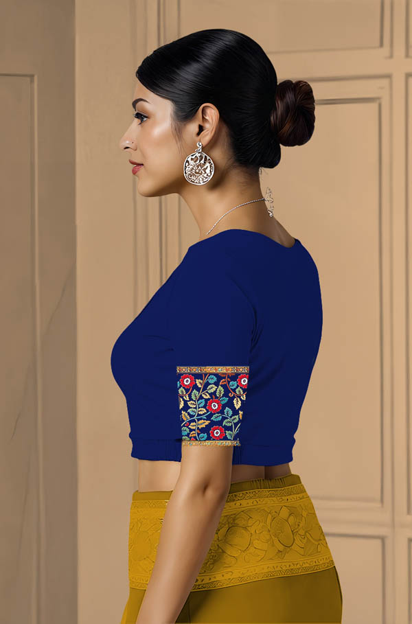 Left Sleeve View plain-back-elbow-sleeves-sleeve-royal-blue-sleeve_left-kalamkari-border-bright-vertical-sleeve-left