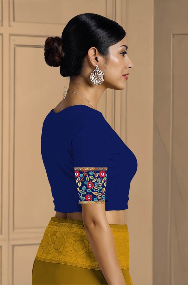 Right Sleeve View plain-back-elbow-sleeves-sleeve-royal-blue-sleeve_right-kalamkari-border-bright-vertical-sleeve-right