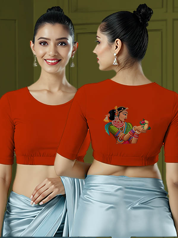 Back View plain-back-elbow-sleeves-sleeve-rust-orange-main-front-plain-front-back-folk-woman-2-back