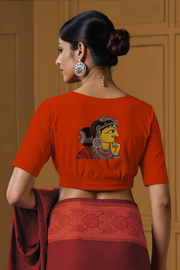 Back View plain-back-elbow-sleeves-sleeve-teal-back-kalamkari-woman-face-back