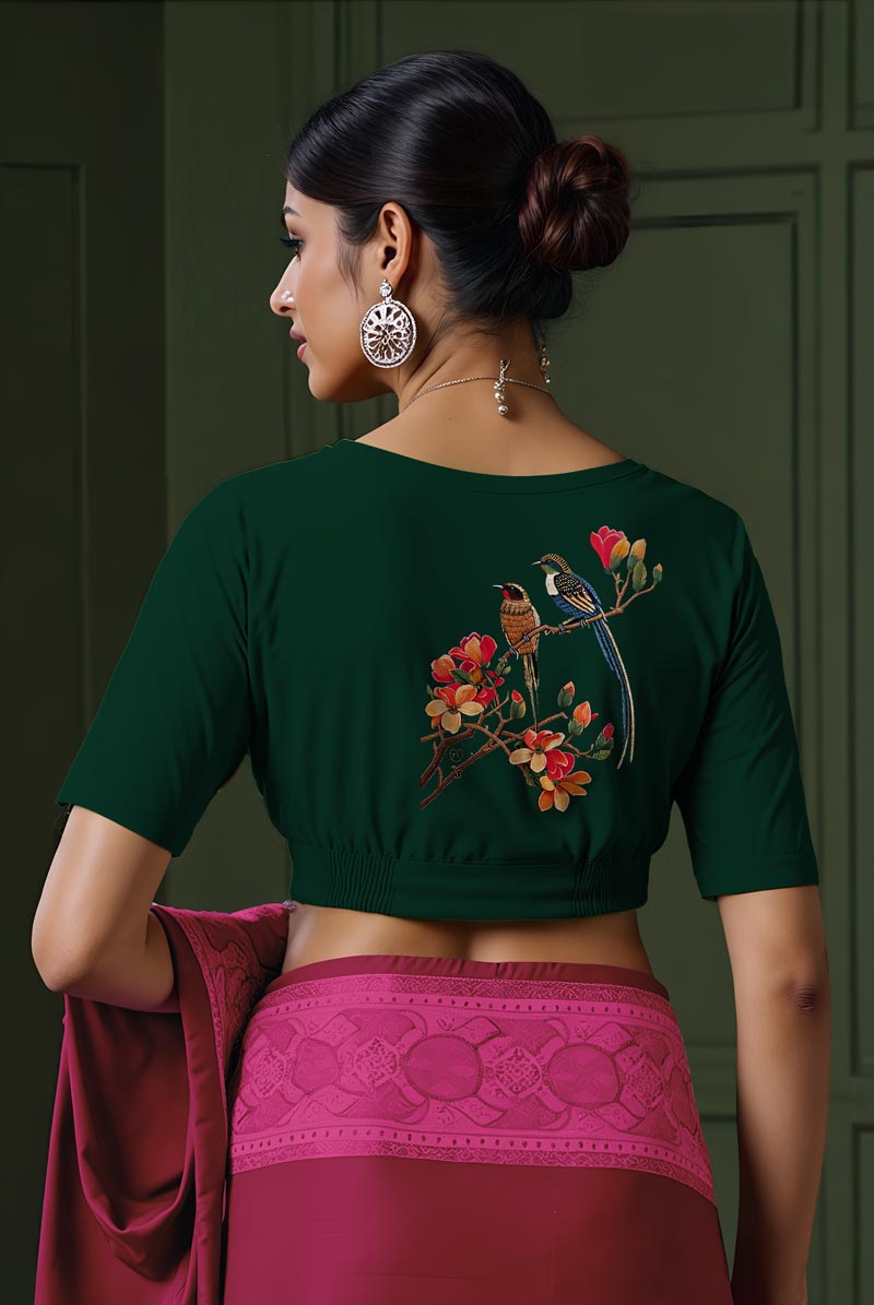 Back View plain-back-elbow-sleeves-sleeve-teal-back-multicoloured-exotic-birds