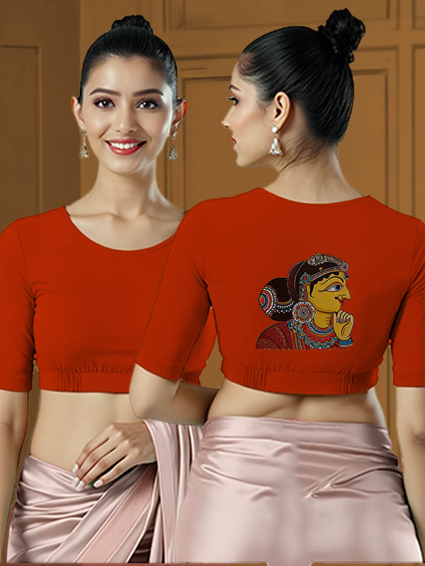 Back View plain-back-elbow-sleeves-sleeve-teal-main-front-plain-front-back-kalamkari-woman-face-back