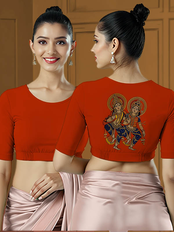 Back View plain-back-elbow-sleeves-sleeve-teal-main-front-plain-front-back-radha-krishna-kalamkari-back