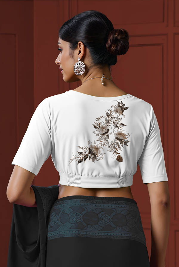 Back View plain-back-elbow-sleeves-sleeve-white-back-elegant-flowers-cream-back