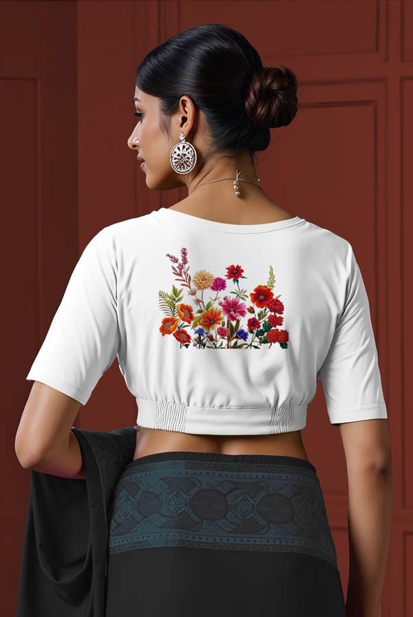 Back View plain-back-elbow-sleeves-sleeve-white-back-wild-flowers-red-back