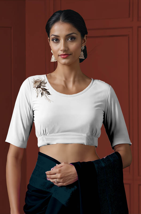 Front View plain-back-elbow-sleeves-sleeve-white-front-elegant-flowers-cream-front