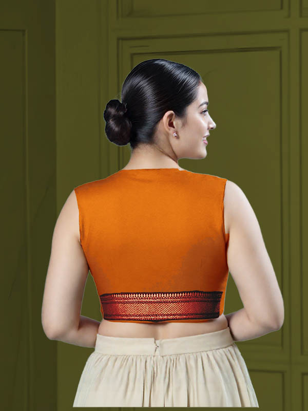 Back View plain-back-sleeveless-sleeve-tissue-bright-copper-back-maroon-broad-zari-border-back