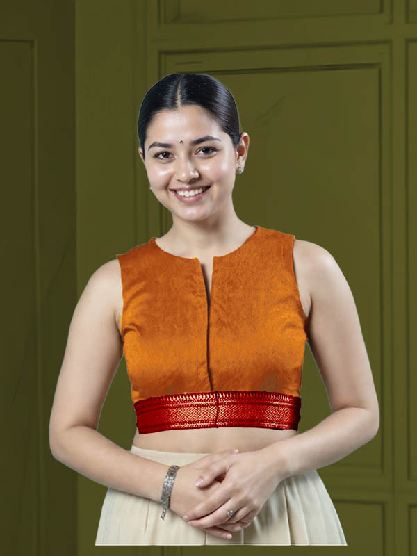 Front View plain-back-sleeveless-sleeve-tissue-bright-copper-front-maroon-broad-zari-border-front