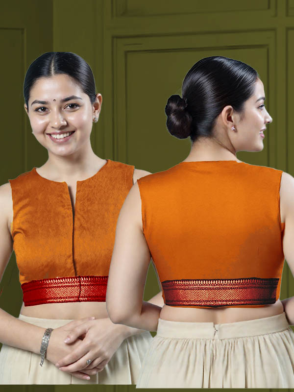 Back View plain-back-sleeveless-sleeve-tissue-bright-copper-main-front-maroon-broad-zari-border-front-back-maroon-broad-zari-border-back