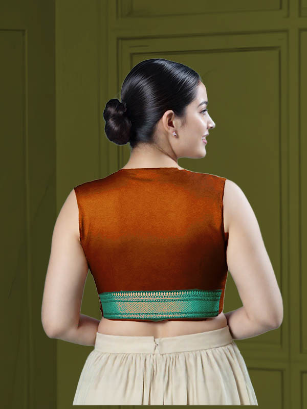 Back View plain-back-sleeveless-sleeve-tissue-dark-copper-back-teal-broad-zari-border-back