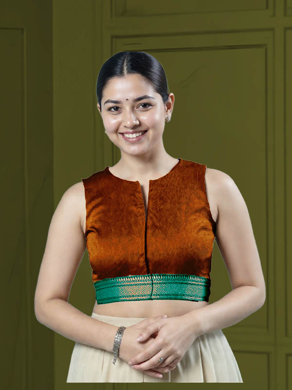 Front View plain-back-sleeveless-sleeve-tissue-dark-copper-front-teal-broad-zari-border-front