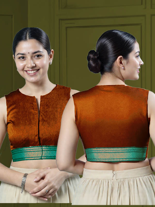 Back View plain-back-sleeveless-sleeve-tissue-dark-copper-main-front-teal-broad-zari-border-front-back-teal-broad-zari-border-back