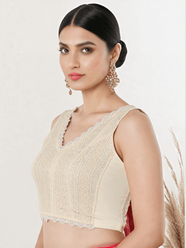 Left Sleeve View deep-v-back-sleeveless-sleeve-cream-lace-sleeve_left-plain-sleeve-left