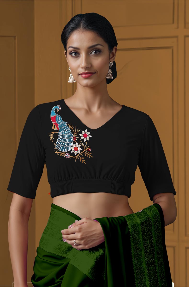 Front View plain-back-elbow-sleeves-sleeve-black-front-peacock-vine-front