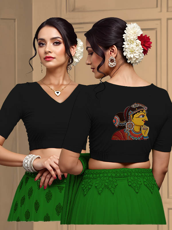 Back View plain-back-elbow-sleeves-sleeve-black-main-front-plain-front-back-kalamkari-woman-face-back