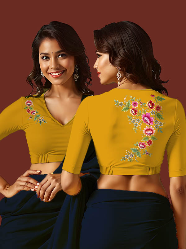Back View plain-back-elbow-sleeves-sleeve-deep-yellow-main-front-flower-vine-front-back-flower-vine-back