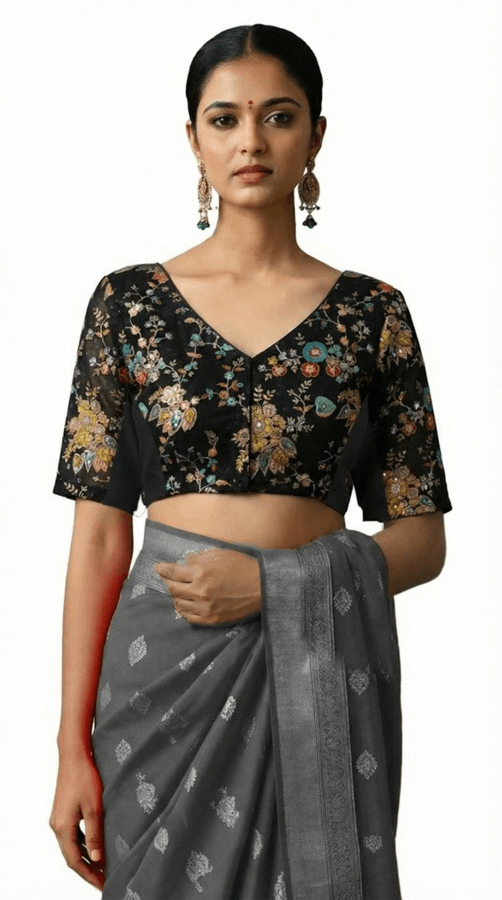 Front View plain-back-elbow-sleeves-sleeve-embroidery-black-front-plain-front