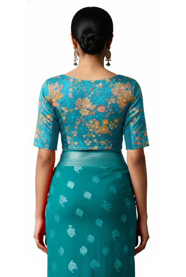 Back View plain-back-elbow-sleeves-sleeve-embroidery-peacock-blue-back-plain-back