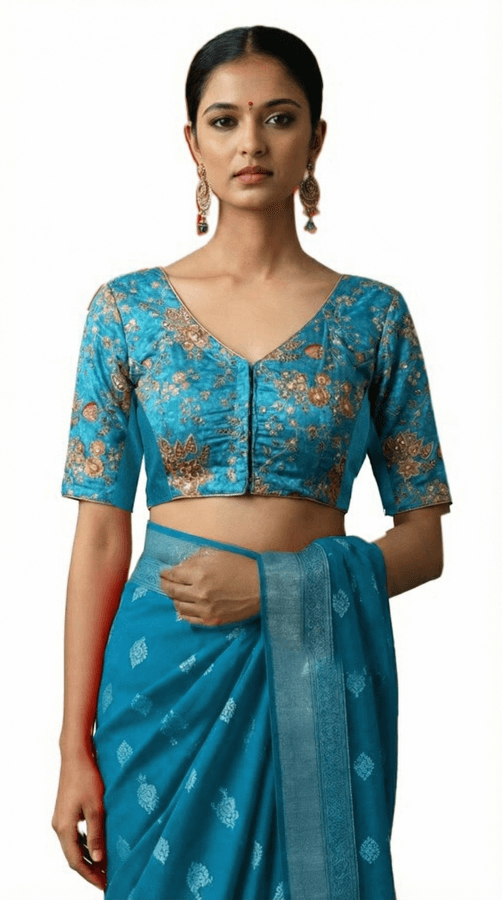 Front View plain-back-elbow-sleeves-sleeve-embroidery-peacock-blue-front-plain-front
