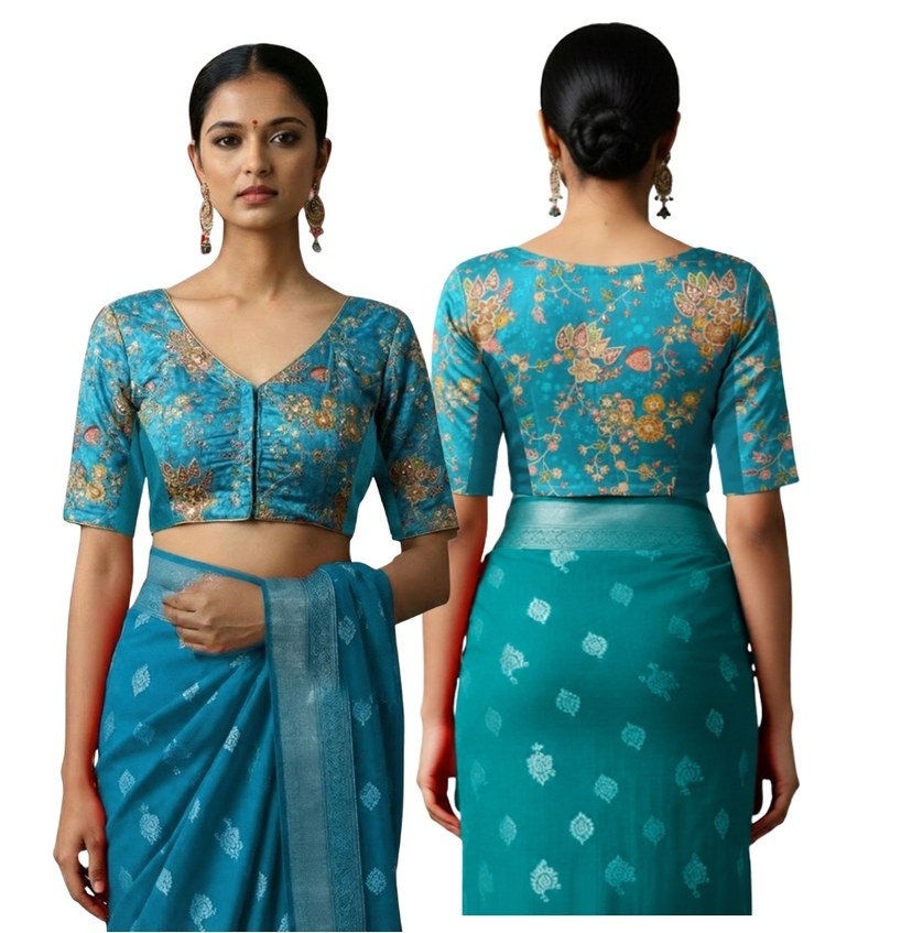 Back View plain-back-elbow-sleeves-sleeve-embroidery-peacock-blue-main-front-plain-front-back-plain-back