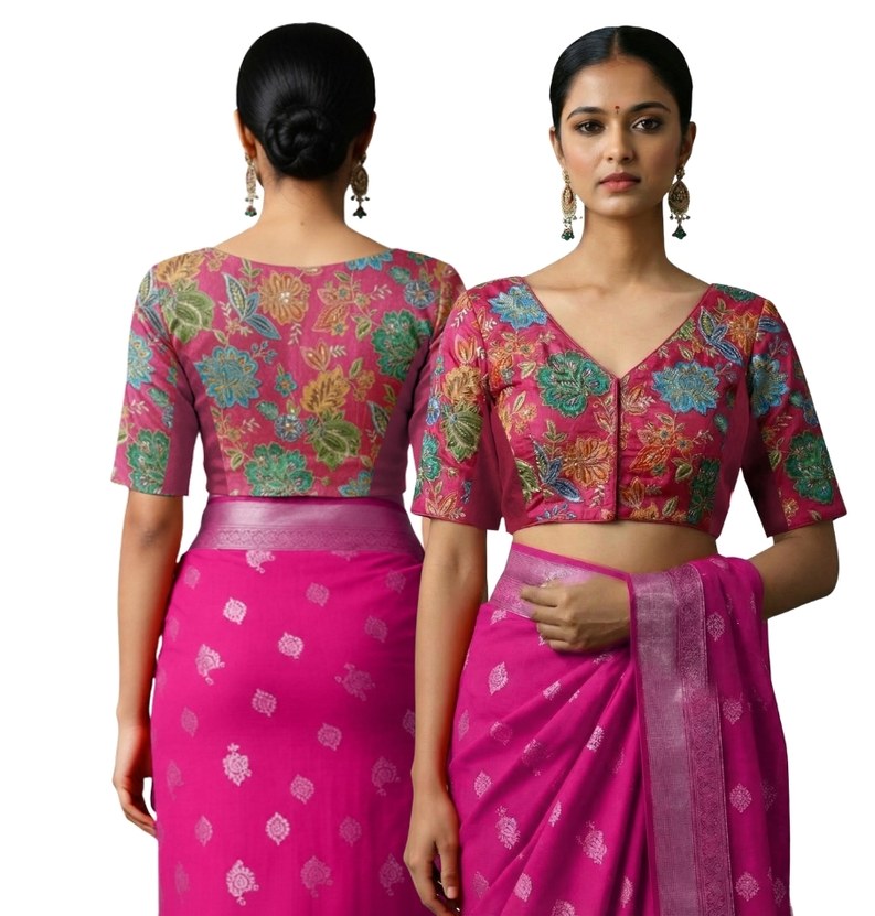 Back View plain-back-elbow-sleeves-sleeve-embroidery-pink-main-front-plain-front-back-plain-back