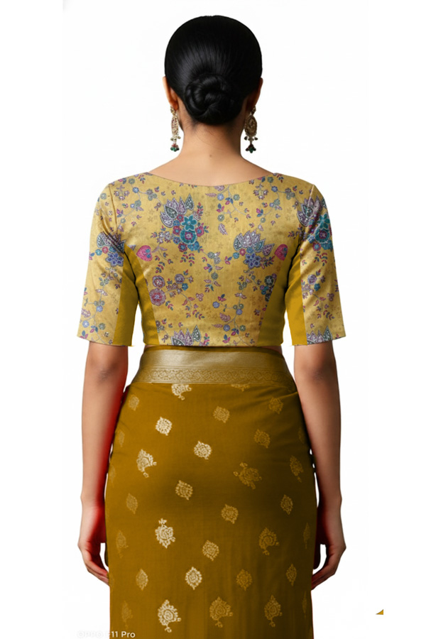 Back View plain-back-elbow-sleeves-sleeve-embroidery-yellow-back-plain-back