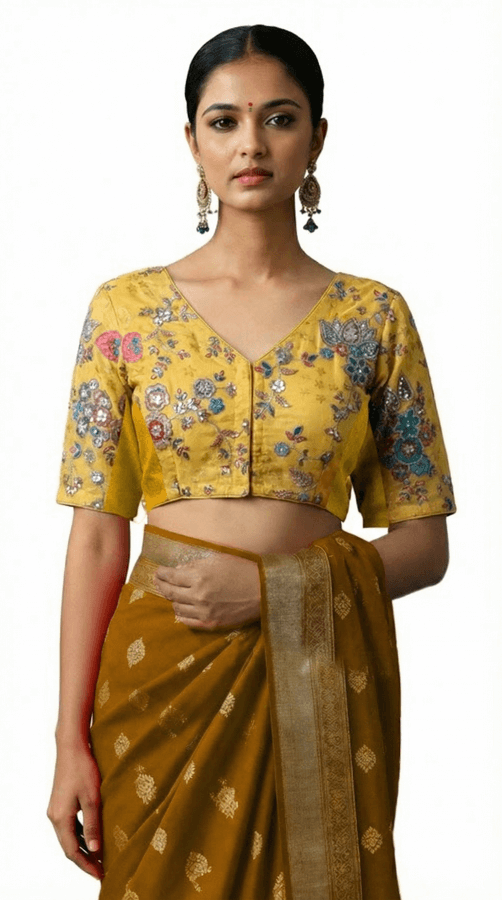 Front View plain-back-elbow-sleeves-sleeve-embroidery-yellow-front-plain-front