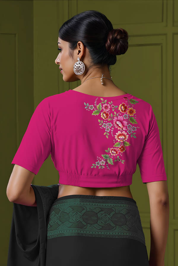 Back View plain-back-elbow-sleeves-sleeve-hot-pink-back-flower-vine-back