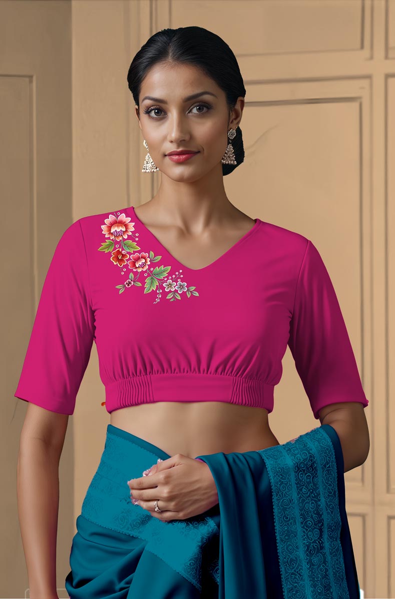 Front View plain-back-elbow-sleeves-sleeve-hot-pink-front-flower-vine-front