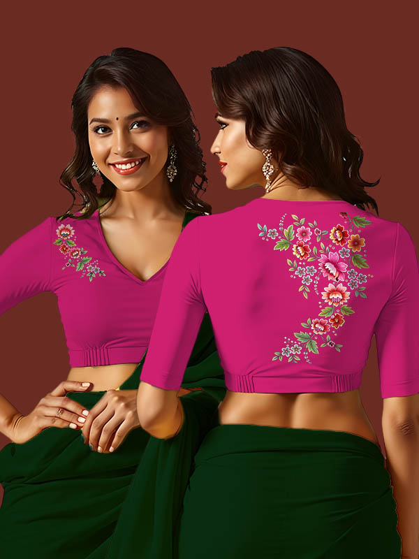 Back View plain-back-elbow-sleeves-sleeve-hot-pink-main-front-flower-vine-front-back-flower-vine-back