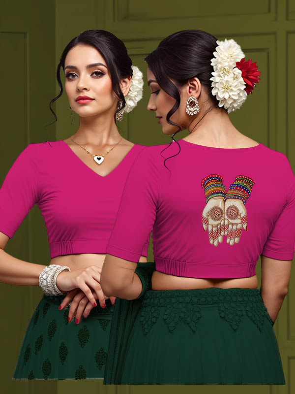 Back View plain-back-elbow-sleeves-sleeve-hot-pink-main-front-plain-front-back-mehendi-hands-backi