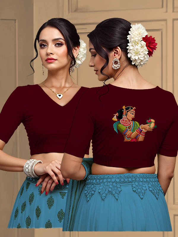 Back View plain-back-elbow-sleeves-sleeve-maroon-main-front-plain-front-back-folk-woman-2-back