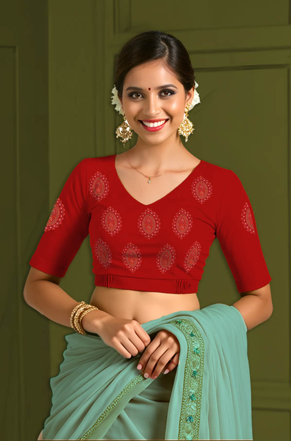 Front View plain-back-elbow-sleeves-sleeve-red-front-red-oval-butta-front