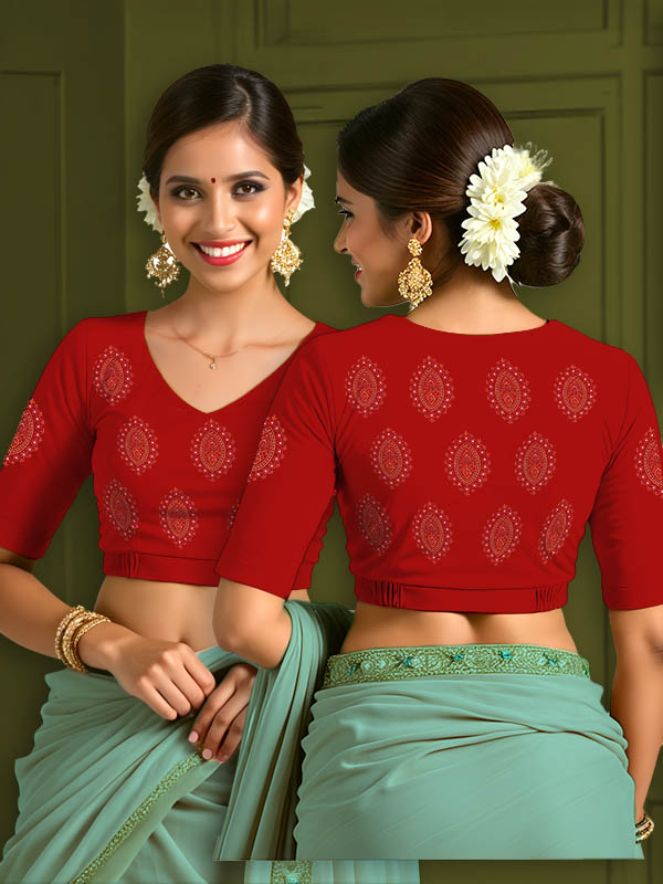 Back View plain-back-elbow-sleeves-sleeve-red-main-front-red-oval-butta-front-back-red-oval-butta-back