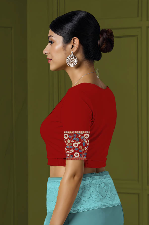 Left Sleeve View plain-back-elbow-sleeves-sleeve-red-sleeve_left-kalamakarr-border-red-blue-vertical-sleeve-left