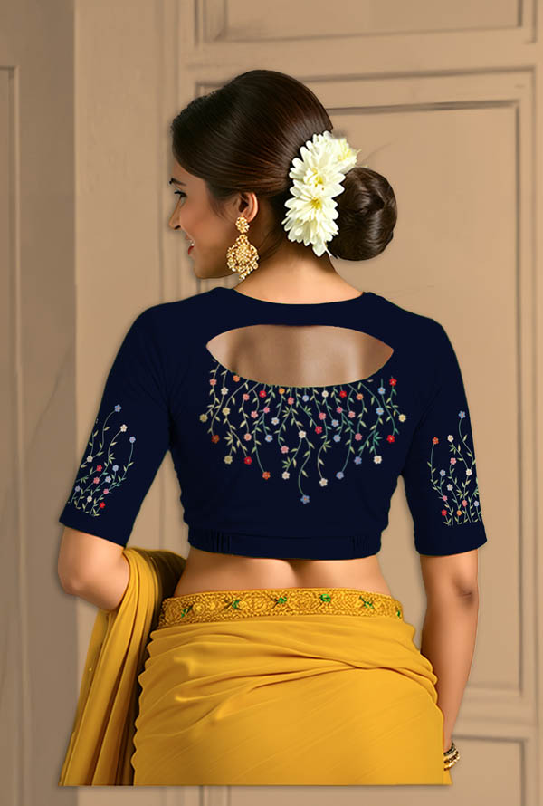 Back View semicircle-back-elbow-sleeves-sleeve-navy-blue-back-hanging-dainty-flower-back
