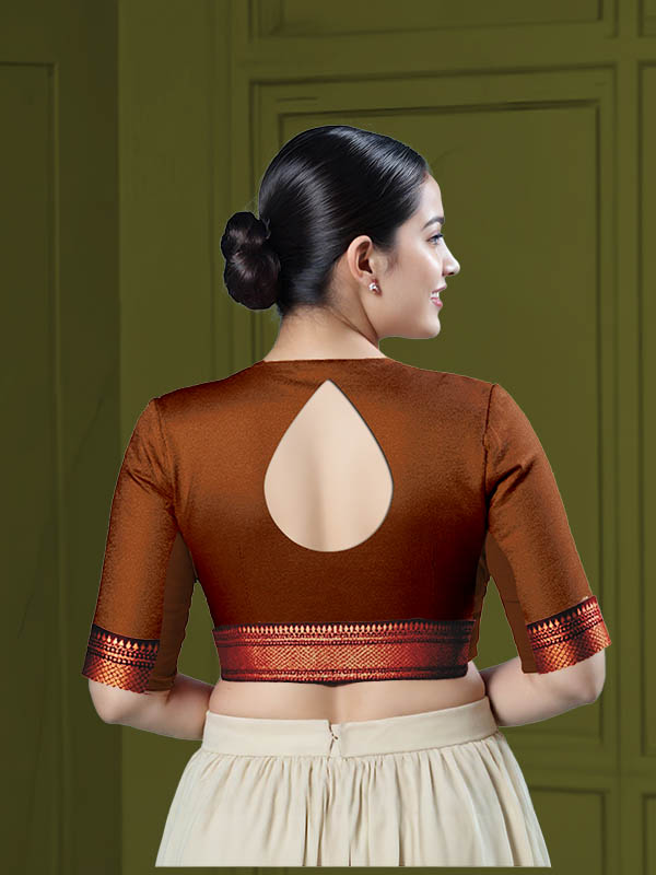 Back View teardrop-back-elbow-sleeves-sleeve-tissue-dark-copper-back-maroon-broad-zari-border-back