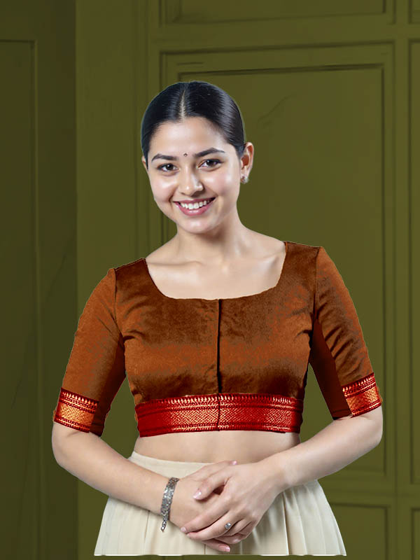 Front View teardrop-back-elbow-sleeves-sleeve-tissue-dark-copper-front-maroon-broad-zari-border-front