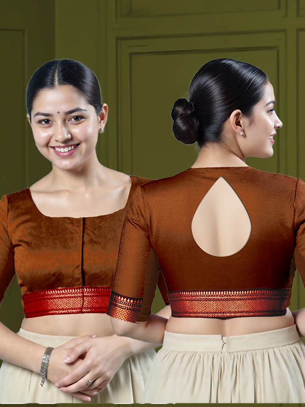 Back View teardrop-back-elbow-sleeves-sleeve-tissue-dark-copper-main-front-maroon-broad-zari-border-front-back-maroon-broad-zari-border-back