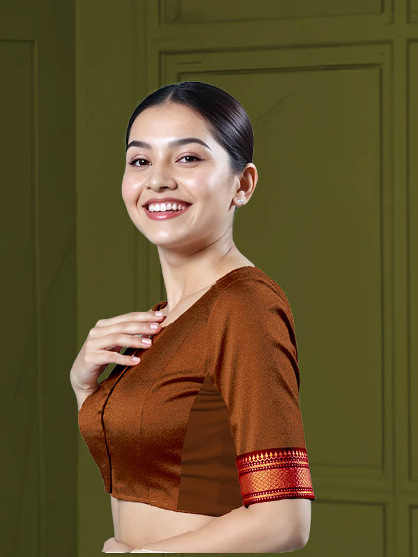 Left Sleeve View teardrop-back-elbow-sleeves-sleeve-tissue-dark-copper-sleeve_left-maroon-broad-zari-border-sleeve-left