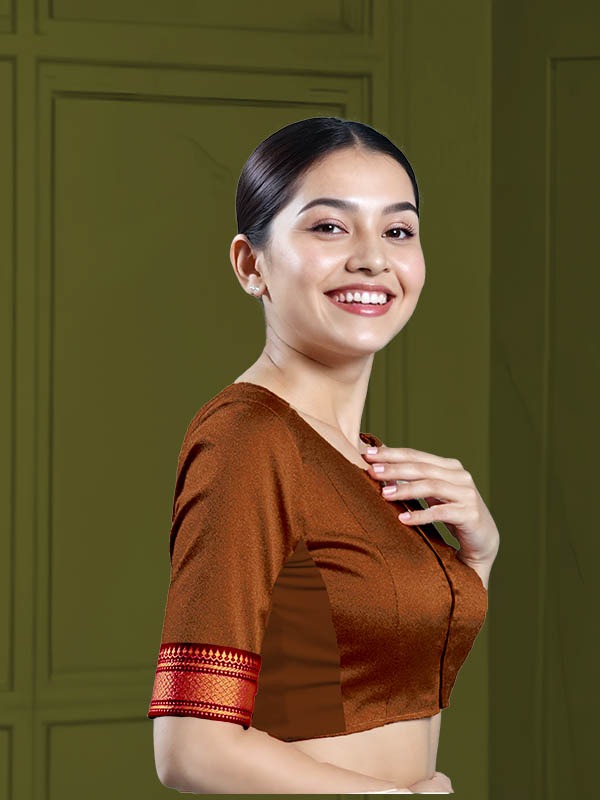 Right Sleeve View teardrop-back-elbow-sleeves-sleeve-tissue-dark-copper-sleeve_right-maroon-broad-zari-border-sleeve-right