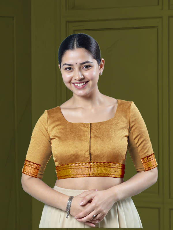 Front View teardrop-back-elbow-sleeves-sleeve-tissue-gold-front-mustard-broad-zari-border-front
