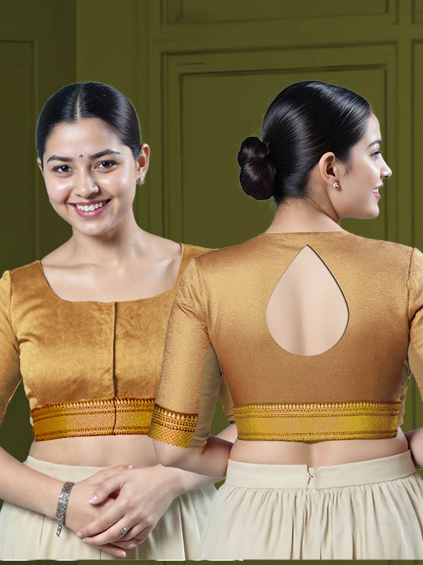 Back View teardrop-back-elbow-sleeves-sleeve-tissue-gold-main-front-mustard-broad-zari-border-front-back-mustard-broad-zari-border-back