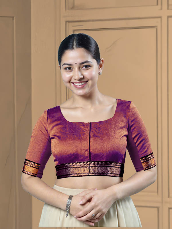 Front View teardrop-back-elbow-sleeves-sleeve-tissue-purple-front-black-broad-zari-border-front