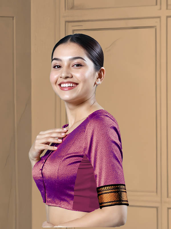 Left Sleeve View teardrop-back-elbow-sleeves-sleeve-tissue-purple-sleeve_left-black-broad-zari-border-sleeve-left