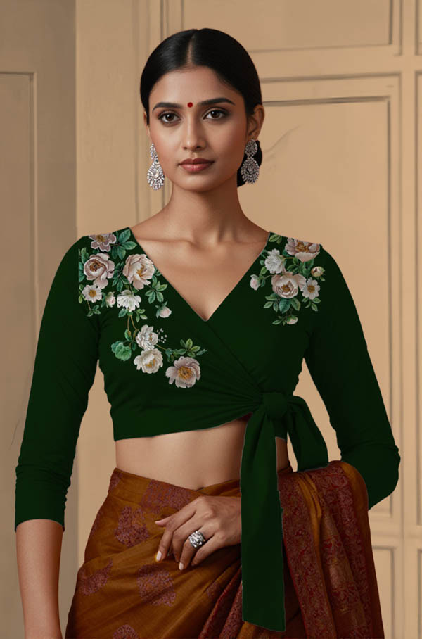 Front View plain-back-long-sleeves-sleeve-dark-green-front-white-rose-wrap-front