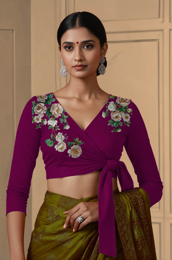 Front View plain-back-long-sleeves-sleeve-dark-pink-front-white-rose-wrap-front