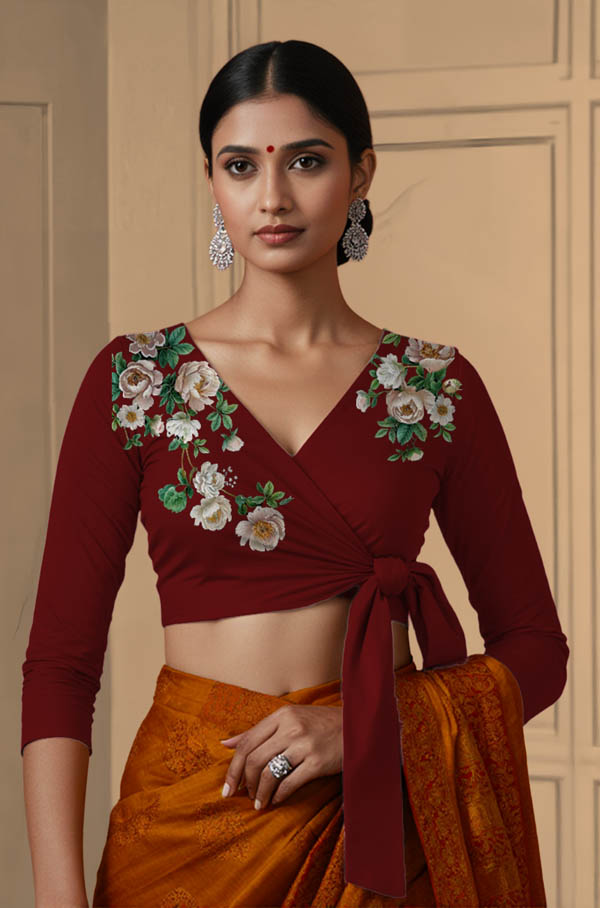 Front View plain-back-long-sleeves-sleeve-dark-red-front-white-rose-wrap-front