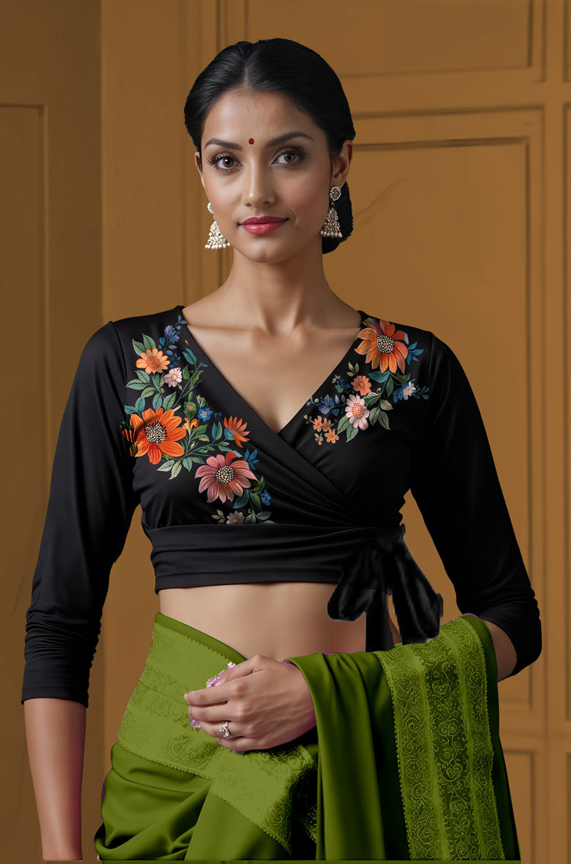 Wrap top with orange pink flowers